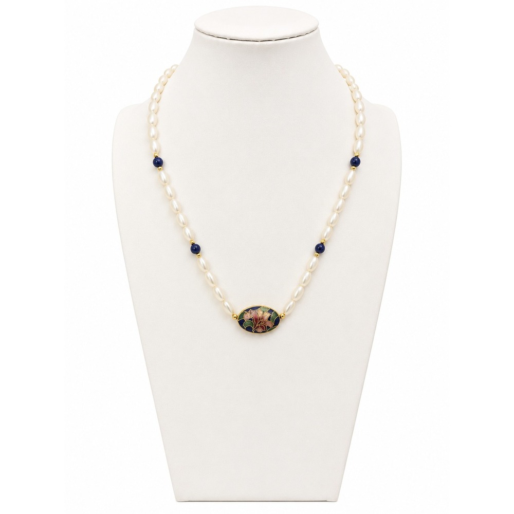 Vintage Cloisonné Floral Mother of Pearl Beaded Necklace Blue Pink Green